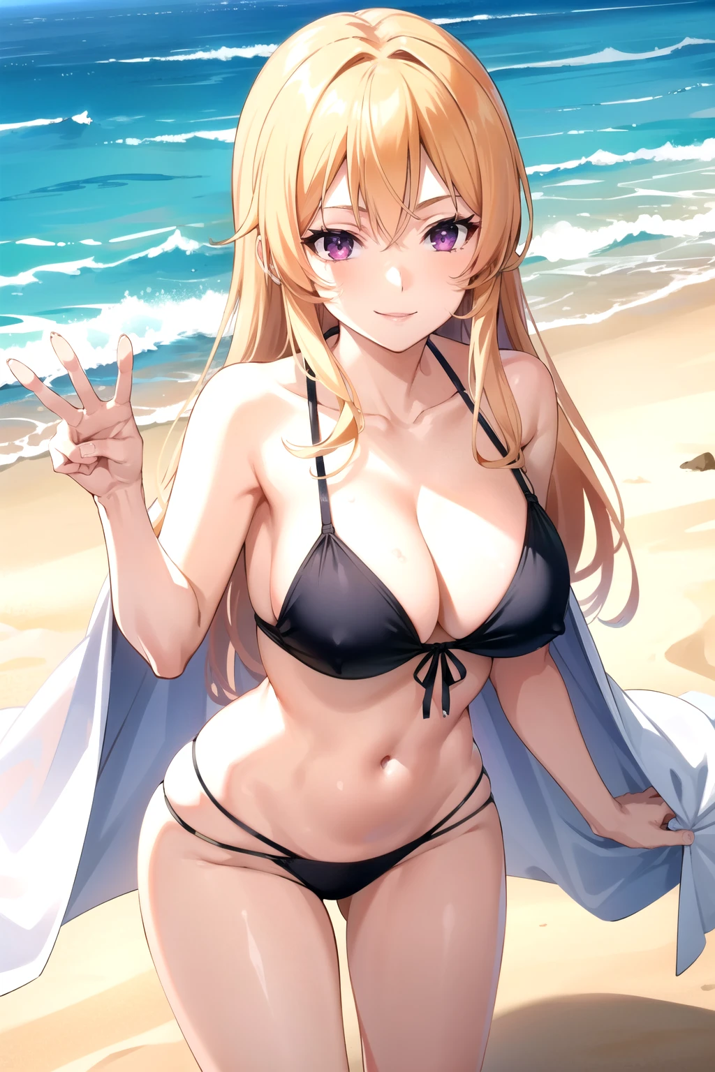 tall body, tall, long legs, mature female, mature, adult, Erina_Prodigy, 1girl, solo, purple eyes, long hair, smile, looking at viewer, ,(masterpiece, best quality:1.2), 1girl, (groin:1.2), navel, bikini, water, sand, smile, standing, beach, selfie