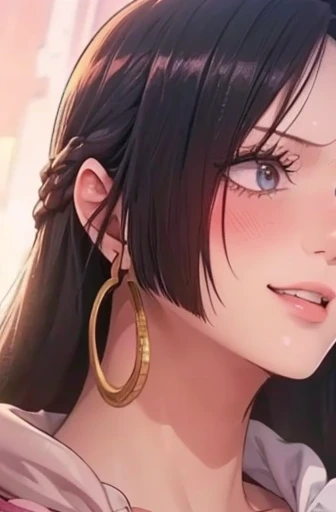 best quality, masterpiece, highly detailed,1girl, Boa Hancock, , (masterpiece:1.5), Detailed Photo, Smiling, Sexy, (8K, Best Quality: 1.4), (1girl), Beautiful Face, (anime realistic Face), (Black Hair, long Hair: 1.3), Beautiful Hairstyle, Realistic eyes, beautiful detail eyes, (white skin), beautiful skin, absurd, attractive, ultra high resolution, ultra realistic, high definition, golden ratio, (sexually aroused:1.5), Pinkish white skin, cool white light, sexy pose, Beautiful , white background, pink soft white light, Wear a black bodycon dress, (messy hair:1.5),