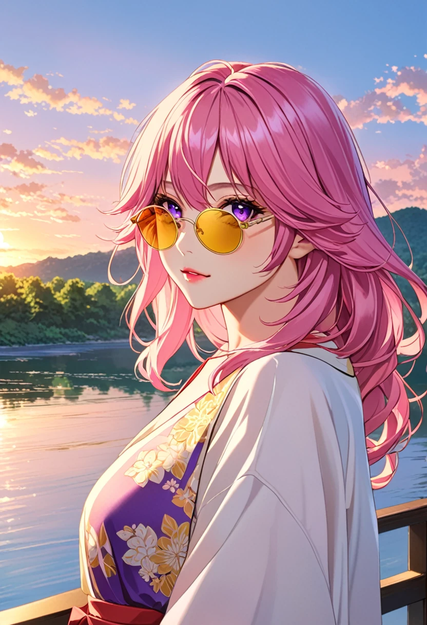 yae miko wearing yellow sunglasses, Pink Hair, Purple Eyes, Fashion tops, There is a river in the background, Blue sky, Light afternoon sunset