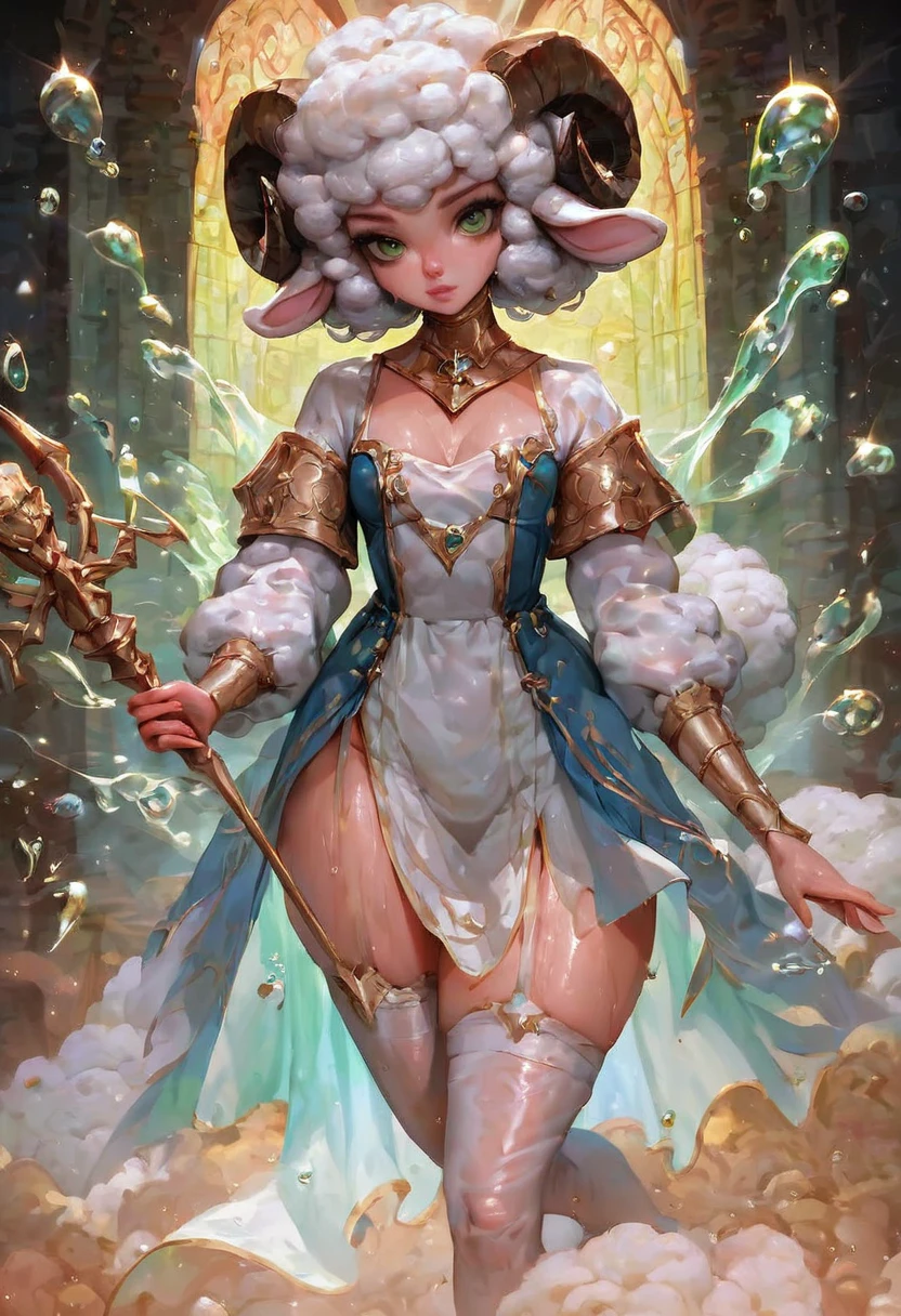 score_9, score_8_up, score_7_up, ultra detailed, looking at viewer, one cute and cleric Weresheep woman, horns, sheep ears, inocent looking face, green eyes, flufy white hair, standing. holding a magical staff, solo, saint, wearing cleric robes and stockings, robes must have a mix of white, golden and green colors, sweating skin, oiled skin, wet skin, , water drops, prefect face, gloss pink lips, small breasts, cleavage, wide hip, thick thighs, detailed feet, 