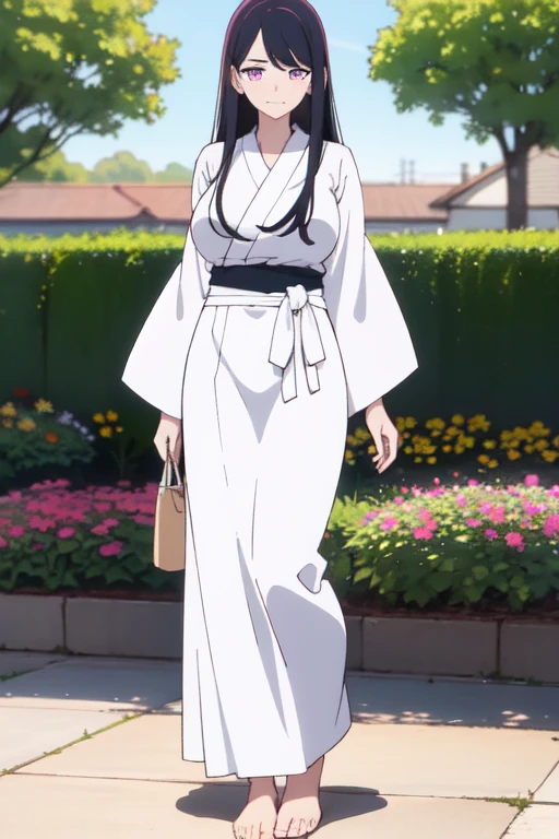 ((mejor calidad)), ((obra maestra)), (detallado), cara perfecta, 1 girl, full body, 19 years old, all white skin, head without any adornment, embarrassed face, black hair, straight hair, long hair, bangs covering her right eye, all white yukata, no drawings, white ribbon on her waist, no ornaments, huge magenta eyes, medium breasts, hidden breasts, slim body, tall, barefoot, looking towards me, sunny background, garden, anime