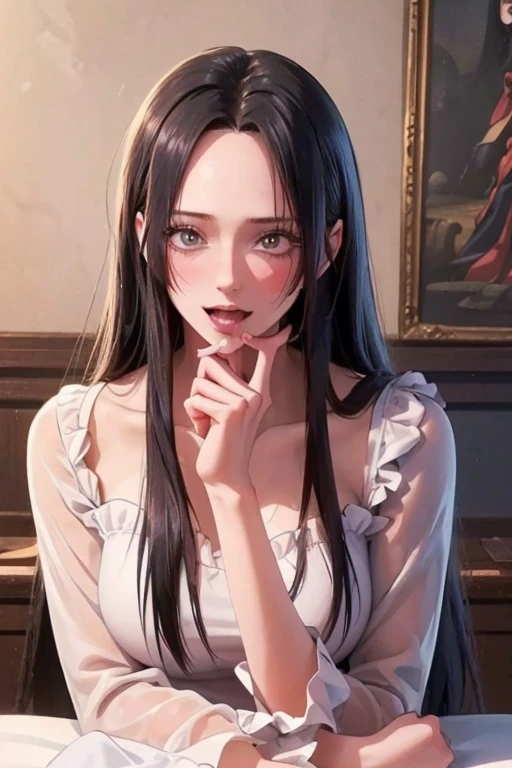 best quality, masterpiece, highly detailed,1girl, Boa Hancock, , (masterpiece:1.5), Detailed Photo, Smiling, Sexy, (8K, Best Quality: 1.4), (1girl), Beautiful Face, (anime realistic Face), (Black Hair, long Hair: 1.3), Beautiful Hairstyle, Realistic eyes, beautiful detail eyes, (white skin), beautiful skin, absurd, attractive, ultra high resolution, ultra realistic, high definition, golden ratio, (sexually aroused:1.5), Pinkish white skin, cool white light, sexy pose, Beautiful , white background, pink soft white light, Wear a black bodycon dress, (messy hair:1.5), 