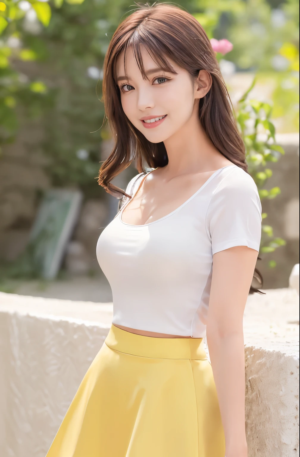 1woman, solo, close up, slender, ((white t-shirts and long elegant shallow yellow skirt)) ,((smiling)), (best quality,8k,highres,masterpiece:1.3), ultra-detailed, (realistic,photorealistic,photo-realistic:1.37), portrait, cinematic, warm lighting, medium format, golden hour, dramatic shadows, vibrant colors,(( at seaside area )), lights in background,