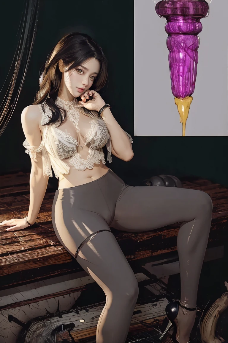 The beautiful girl in lace top and leggings is sitting astride a pile of skeletons in the center of the picture. She is holding a trembling sausage with juice squeezed out in her hand and smiling. There are multiple comic storyboards in the background,cbt, sausage bondage,sausage insertion,Sexy, trampling sausage with high heels heel,(masterpiece, best quality:1.2),1 beautiful girl,sexy,comic storyboard:2, leggings, sit astride, axially symmetrical:2, ,femdom,sounding,cbt,hold,smile,colorful,leggings,thin gap,cameltoe,insertion,trembling,juice,spray, Long hair,Lace top,Sexy, Shiny leggings, High heel,cleveage, trampling, in forest, saliva , Mucus,