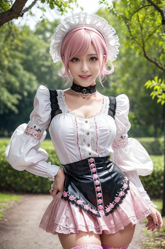 (nsfw), sexy stylish Swedish model, only 1 female, ((doll-like appearance)), short neon pink stylish hair, ((shiny Victorian-Style boots)), (big smile), ultra detailed eyes, vivid eye makeup, lipgloss, long lashes, defined eyebrows, ((sexy Paradise Kiss cosplay)), bell-shaped skirt, petticoats, high neckline, puffed sleeves, ((ultra detailed lace)), ((ultra detailed embroidery)), intricate details, Paradise Kiss accessoires and matching headpiece, choker, ((large sparkling Paradise Kiss jewelry)), cinematic light, detailed large park background with trees