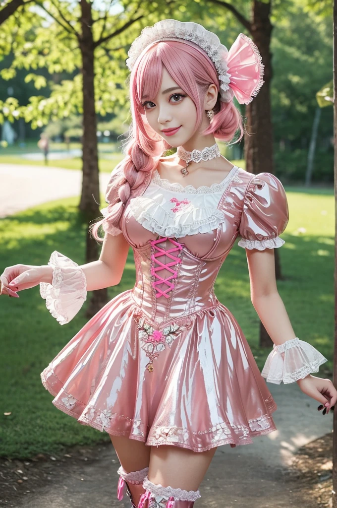 (nsfw), sexy stylish Swedish model, only 1 female, ((doll-like appearance)), short neon pink stylish hair, ((shiny Victorian-Style boots)), (big smile), ultra detailed eyes, vivid eye makeup, lipgloss, long lashes, defined eyebrows, ((sexy Paradise Kiss cosplay)), bell-shaped skirt, petticoats, high neckline, puffed sleeves, ((ultra detailed lace)), ((ultra detailed embroidery)), intricate details, Paradise Kiss accessoires and matching headpiece, choker, ((large sparkling Paradise Kiss jewelry)), cinematic light, detailed large park background with trees