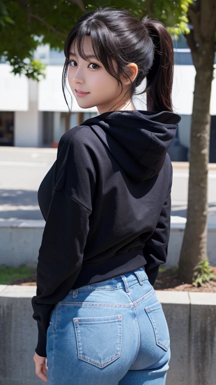 Angle of view that allows you to see the whole body、Put your arms behind your hips、8K、Detailed Description、Very high definition、Realistic、reality的、Real、live-action、reality、High resolution、Nogizaka46、japanese idol,beautiful girl、21 years old、Dark brown eyes、sunny、summer、blue sky、City、light smile,closed mouth,A hoodie that shows your shoulders、Tight pants、ponytail、Knee-up-top angle of view、Back view、look back、Very black hair、pretty girl、Beauty、Glowing Skin、Glowing Skin、Shiny Hair、Hair blowing in the wind、Very white skin、Heavy makeup、Large Breasts、Slit eyes、Big Eyes、Dark brown eyes、Double eyelids、Don't show your teeth、Hang the bag over your shoulder