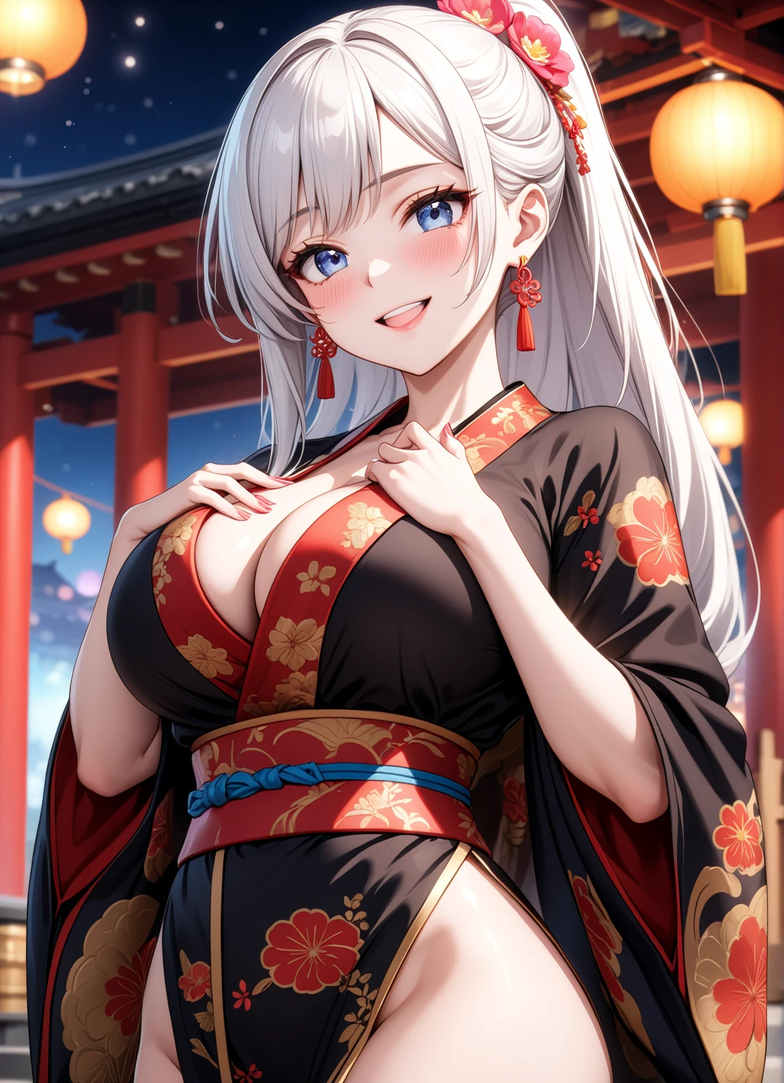 ((one personの女性)), Beautiful Face,Laugh shyly,((Wink:1.7)),Laughing with your mouth open,turn bright red,Glossy pink lips,night,Shrine festival sexpensives,((Anime style background)),masterpiece, highest quality, so beautiful, Latest, Complex details, (Pink long nails),AI-generated, Complex,High resolution, highest quality, super high quality,3D Images、View your viewers、3D Images,one person,Long white hair,High Ponytail,blue eyes,Anime woman posing for a photo, [[fine grain、Colorful eyes、Shining Eyes:1.15]],(Squint your eyes:1.1),a hyperRealistic , hyperRealistic , Realistic,Anime woman with long and white hair, Smooth anime CG art, A woman in a colorful kimono with gold embroidery, (Black kimono),Red floral pattern,Long flower hair ornament,Big earrings,(Big Breasts:1.1),Mature Body,expensive,Big Ass,Fine details,Tight waist,Abdominal muscles,(Face close-up:1.5),Tilt your face,Shooting from an angle,Hold your chest with both arms