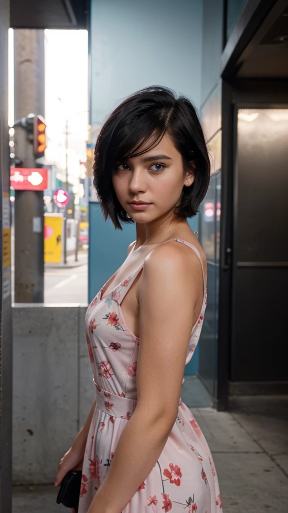 there is a woman with short Black and rad hair standing in front of  a club , with short hair, taken with sony alpha 9, blue eyes, full fair skin, small lips, very very Highly quality picture, young with short hair, taken with a canon dslr camera, looking from side, she is about 1 9 , girl with long hair, portrait mode photo, front side portrait of a girl, wearing pink floral gown, instagram influencer , modle girl, hote and beautyful, 