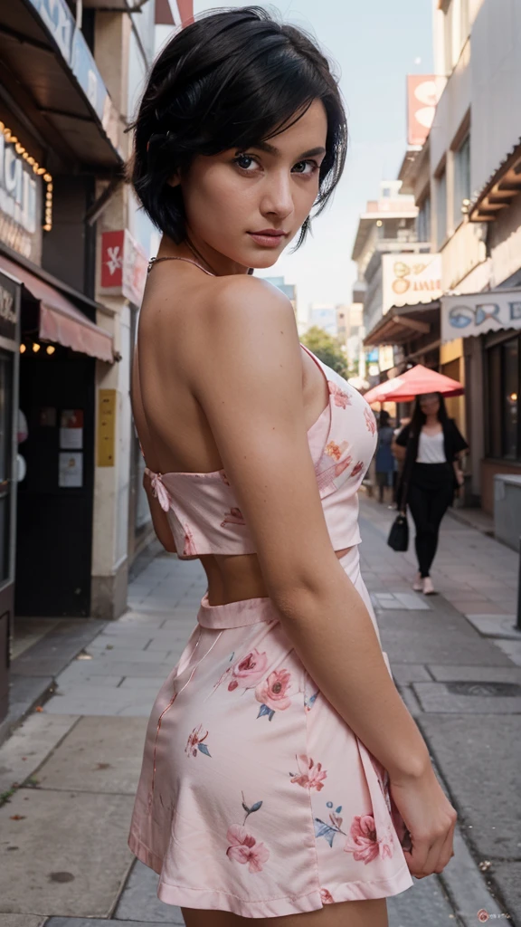 there is a woman with short Black and rad hair standing in front of  a club , with short hair, taken with sony alpha 9, blue eyes, full fair skin, small lips, very very Highly quality picture, young with short hair, taken with a canon dslr camera, looking from side, she is about 1 9 years old, girl with long hair, portrait mode photo, front side portrait of a girl, wearing pink floral gown, instagram influencer , modle girl, hote and beautyful, 