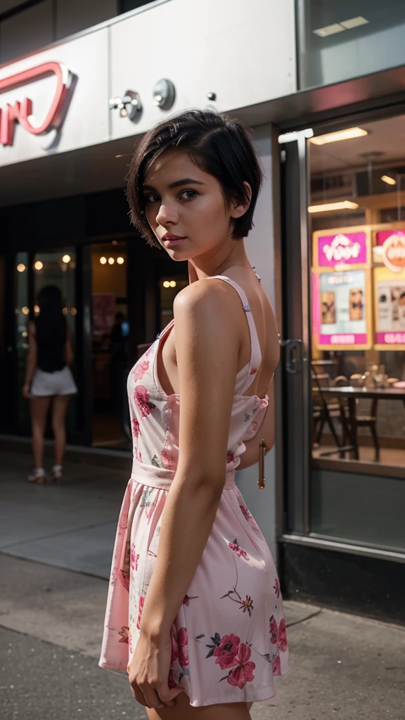 there is a woman with short Black and rad hair standing in front of a club , with short hair, taken with sony alpha 9, blue eyes, full fair skin, small lips, very very Highly quality picture, young with short hair, taken with a canon dslr camera, looking from side, she is about 1 9 years old, girl with long hair, portrait mode photo, front side portrait of a girl, wearing pink floral gown, instagram influencer , modle girl, hote and beautyful,