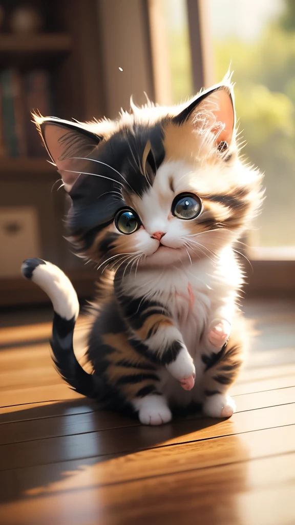 masterpiece、top-quality、ultra-detailliert、(Chibi Chara Calico Cat:1.27),(open leg:1.3),Chibi Living,sitting down on the floor