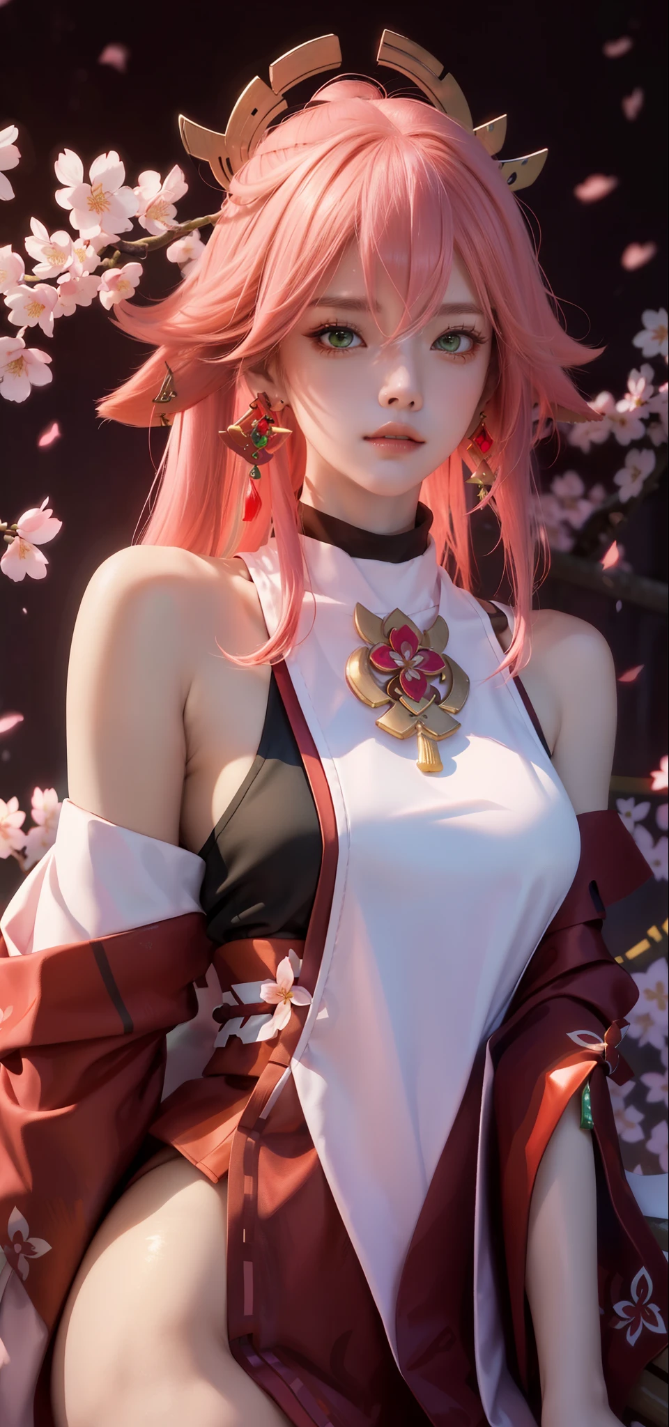 (Masterpiece, Excellent, 1 girl, solo, complex details, color difference), realism, ((medium breath)), off-the-shoulders, sexy, Yae Miko, long pink hair, red headdress, red highlight, hair above one eye, green eyes, earrings, sharp eyes, perfectly symmetrical figure, choker, neon shirt, open jacket, turtleneck sweater, against the wall, brick wall, graffiti, dim lighting, alley, looking at the audience, ((mean, seductive, charming)), ((cherry blossom background ))), ((Japanese temple background)))), (((Glow-in-the-dark background)))