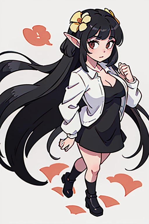 ((best quality)), ((masterpiece)), (detailed), perfect face, full body, black dress, black hair, long hair, hime hair style, elf ear, big tits, big ass, white pale skin, flower background