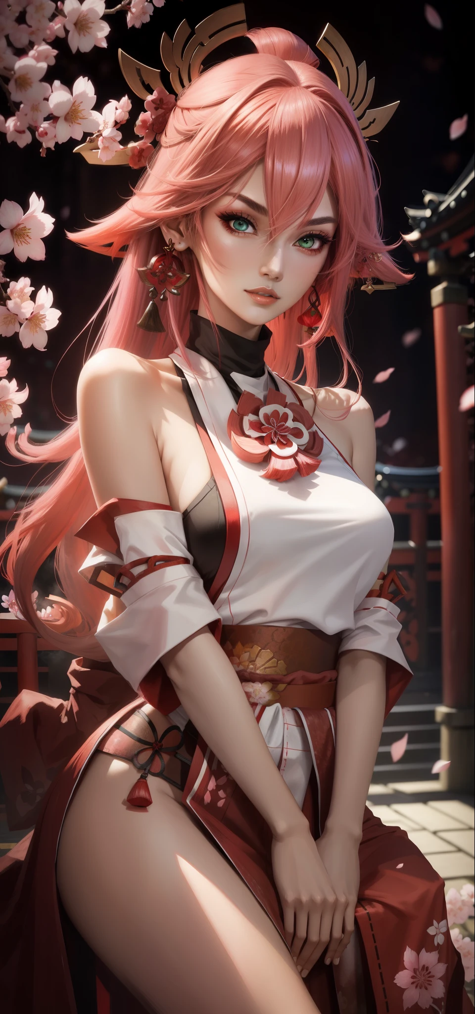 (Masterpiece, Excellent, 1 girl, solo, complex details, color difference), realism, ((medium breath)), off-the-shoulders, sexy, Yae Miko, long pink hair, red headdress, red highlight, hair above one eye, green eyes, earrings, sharp eyes, perfectly symmetrical figure, choker, neon shirt, open jacket, turtleneck sweater, against the wall, brick wall, graffiti, dim lighting, alley, looking at the audience, ((mean, seductive, charming)), ((cherry blossom background ))), ((Japanese temple background)))), (((Glow-in-the-dark background)))