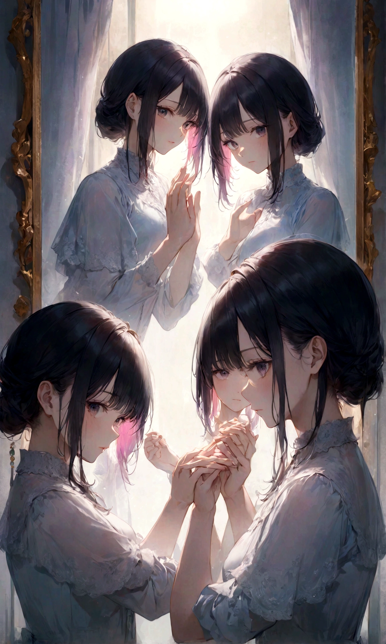 A woman looking at herself from inside a mirror and another woman looking at the mirror from outside、They are looking at each other and holding out their hands、