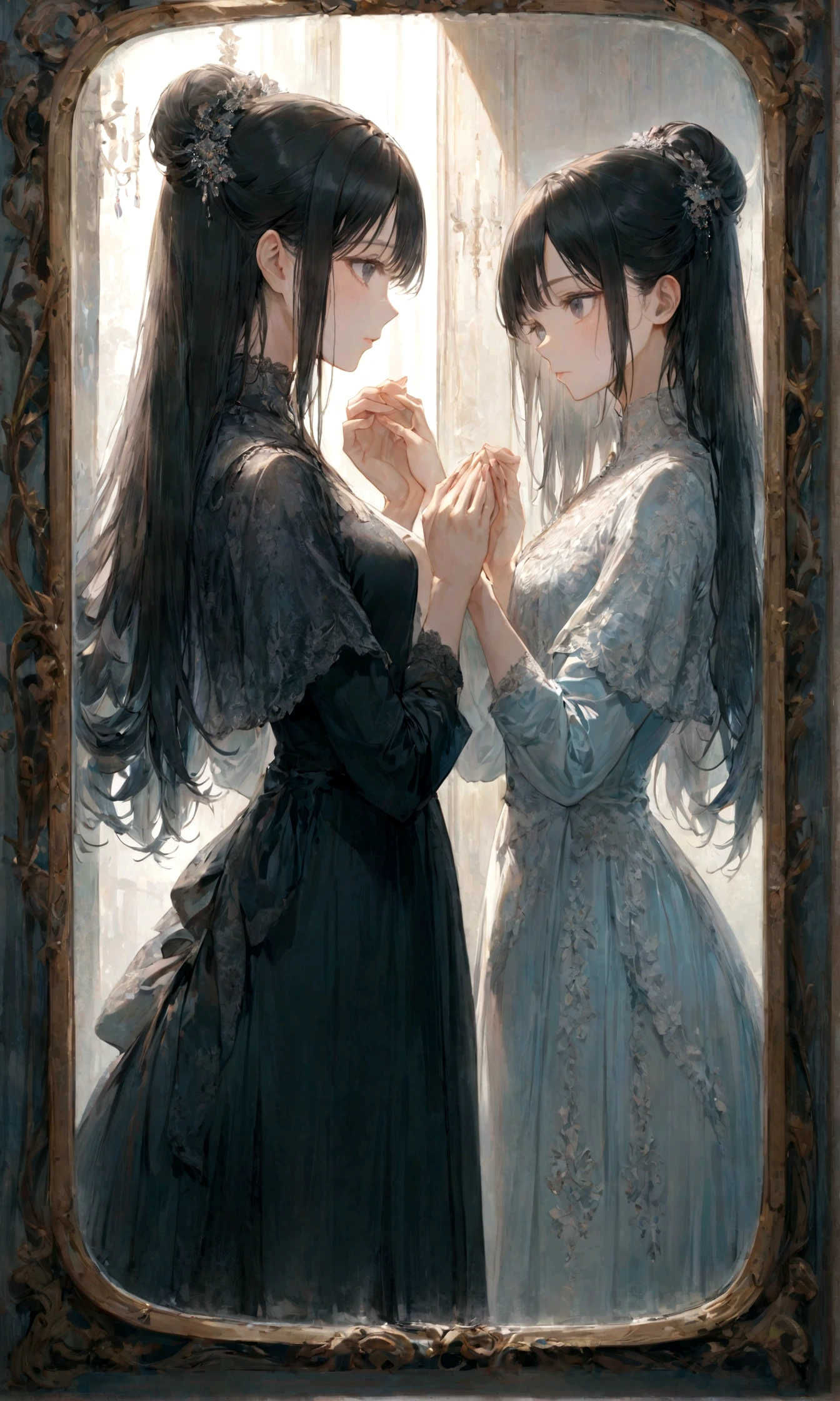 A woman looking at herself from inside a mirror and another woman looking at the mirror from outside、They are looking at each other and holding out their hands、
