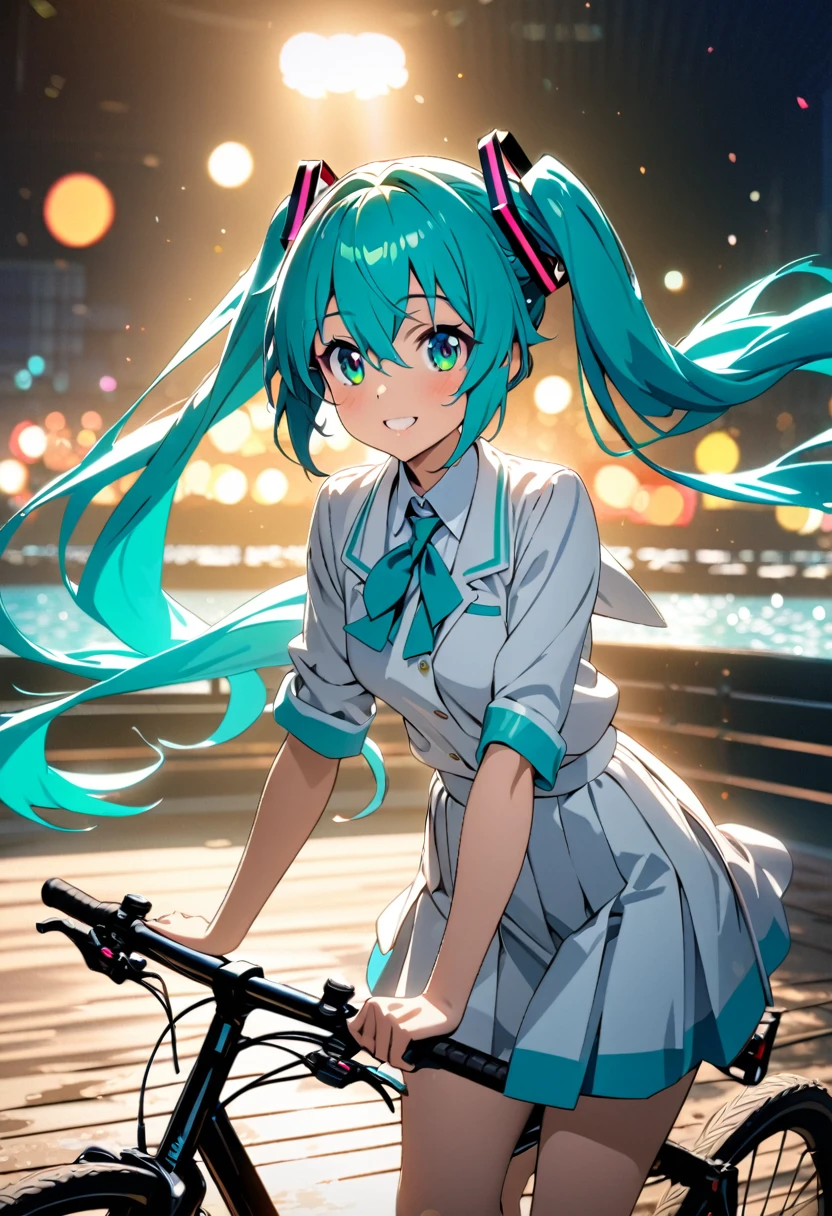 1girl, cute hatsune miku, beautiful detailed eyes, beautiful detailed lips, extremely detailed face and eyes, A school white uniform rests on a bicycle on the embankment of the Sakura River. smiling, (best quality,4k,8k,highres,masterpiece:1.2),ultra-detailed,HDR,UHD,studio lighting,ultra-fine painting,sharp focus,physically-based rendering,extreme detail description,professional,vivid colors,bokeh,anime,sakura,colorful,dramatic lighting