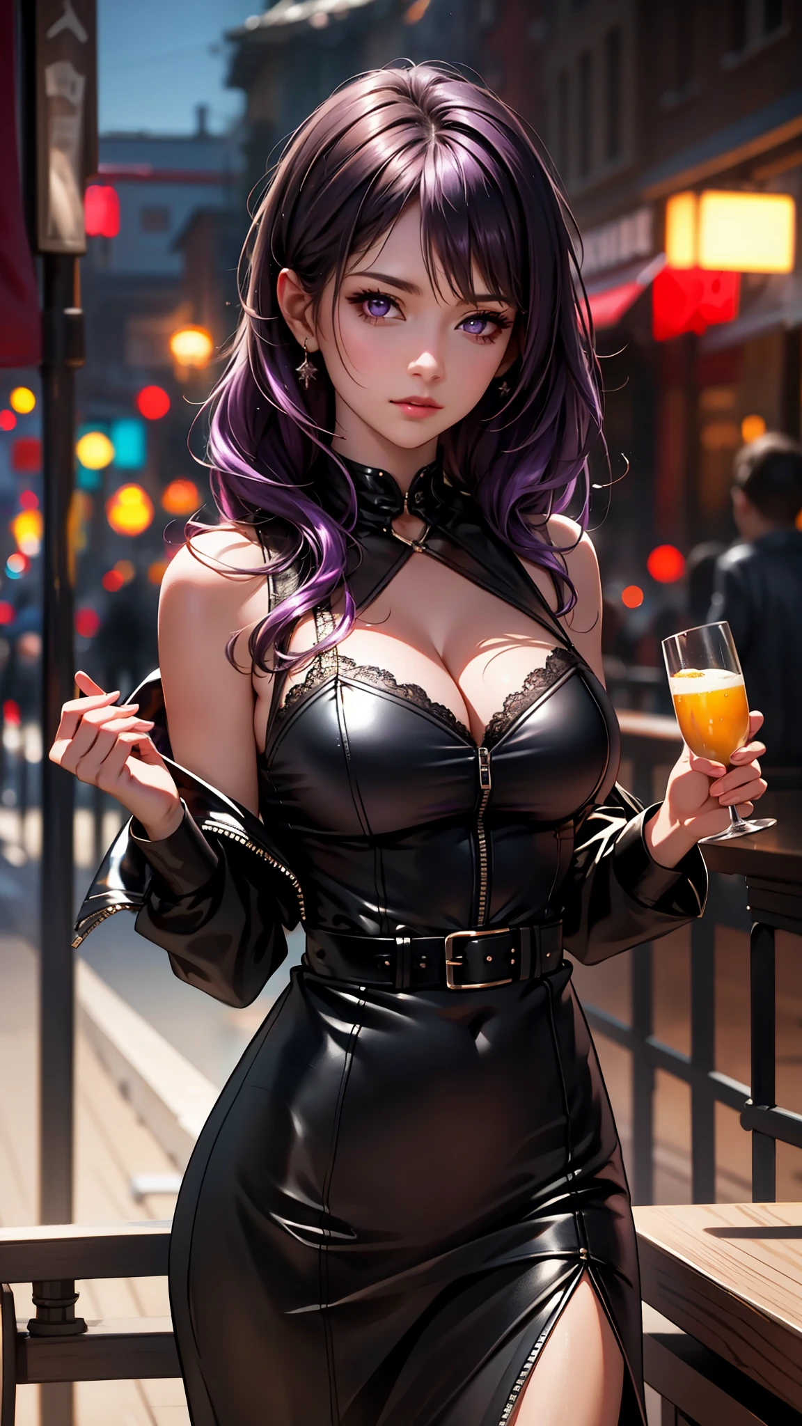 (best quality:1.1), (Masterpiece:1.2), High quality shadow, beautiful details, Beautiful face, Detailed eyes, depth of field, high resolution, best shadow, best light, 1 girl, see the audience, shiny purple hair, smooth, blunt, long hair, glowing purple eyes, shy, Very big breasts, pump, Single strap shirt, black leather jacket, table, glass, liquor bottle, night time, rift,  eyes, pub bar background, sexy woman, cold, pov, Cool Woman