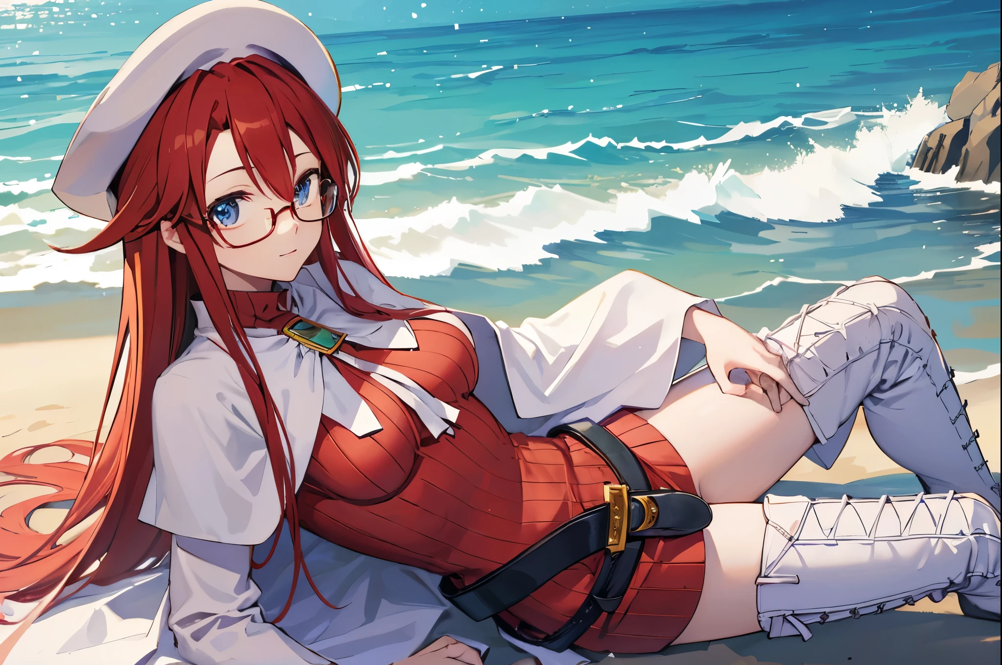 summonnightaty, aty, (young:1.3),long hair, blue eyes, red hair, big_berets, hat, glasses,
BREAK long hair, thighhighs, hat, dress, naked_legs, glasses, belt, cape, sweater, zettai ryouiki, beret, thigh boots, white footwear, ribbed sweater, loose belt,solo,
BREAK outdoors, fantasy,on_beach,
,Highquality_hads,perfect_fingers,
BREAK (masterpiece:1.2), best quality, high resolution, unity 8k wallpaper, (illustration:0.8), (beautiful detailed eyes:1.6), extremely detailed face, perfect lighting, extremely detailed CG, (perfect hands, perfect anatomy),covered_nipples,covered_navel ,half_eyes,long_sword,sleepy,standing,red_sweater,apart_knees,magical_effect,spread_legs, have_a_book,teacher,rise_knee,Smile,rise_hand,look_down_viewer,spread_arms,sea_waves,looking_into,blue_sky,sitting
