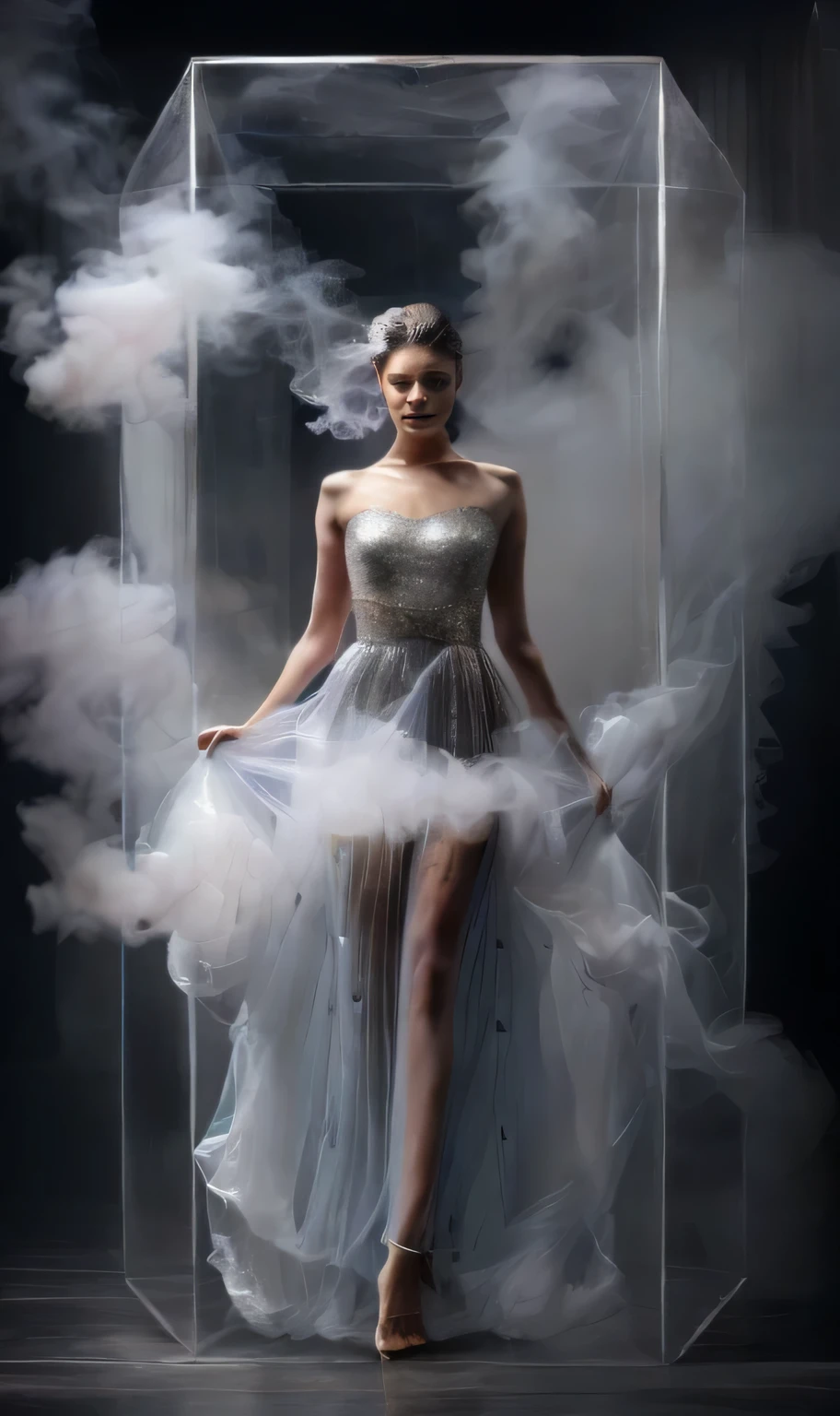 Arav woman in a skirt smokes a cigarette in a transparent box, extravagant dress, Wearing fancy clothes, Dreamy dress, Wearing an elegant dress, wearing a beautiful dress, magical dress, luxury dress, Woman in a skirt, Wearing beautiful clothes, Wearing a silver dress, High-end fashion photography, Flowing robe, Gorgeous silver dress, floating dress, Wearing fantasy formal attire