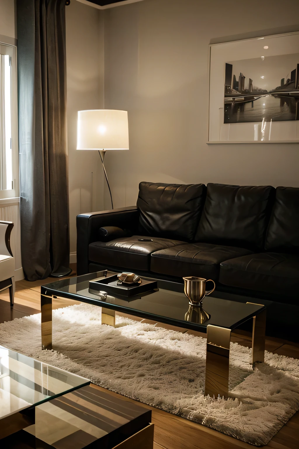 house salon interior scene, modern style, nice lamps, cool table, big sofa, calm colors