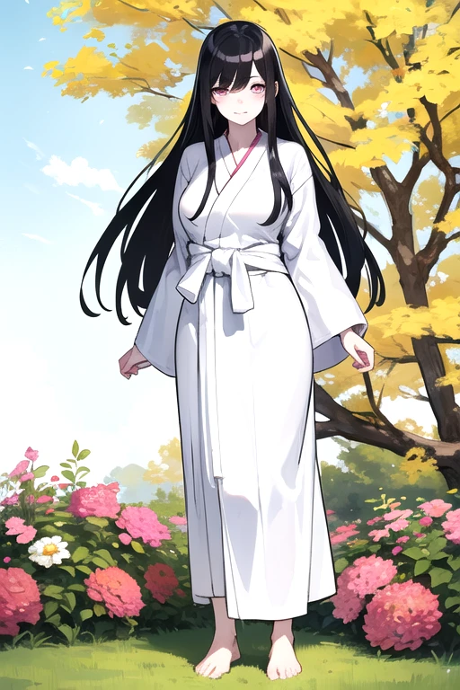 ((mejor calidad)), ((obra maestra)), (detallado), cara perfecta, 1 girl, full body, 19 years old, all white skin, head without any adornment, embarrassed face, black hair, straight hair, long hair, bangs covering her right eye, all white yukata, no drawings, white ribbon on her waist, no ornaments, huge magenta eyes, medium breasts, hidden breasts, slim body, tall, barefoot, looking towards me, sunny background, garden, anime