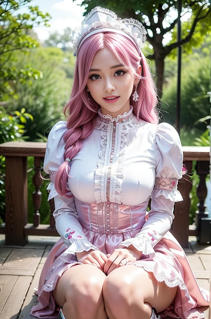 (nsfw), sexy stylish Swedish model, only 1 female, ((doll-like appearance)), short neon pink stylish hair, ((shiny Victorian-Style boots)), (big smile), ultra detailed eyes, vivid eye makeup, lipgloss, long lashes, defined eyebrows, ((sexy Paradise Kiss cosplay)), bell-shaped skirt, petticoats, high neckline, puffed sleeves, ((ultra detailed lace)), ((ultra detailed embroidery)), intricate details, Paradise Kiss accessoires and matching headpiece, choker, ((large sparkling Paradise Kiss jewelry)), cinematic light, detailed large park background with trees