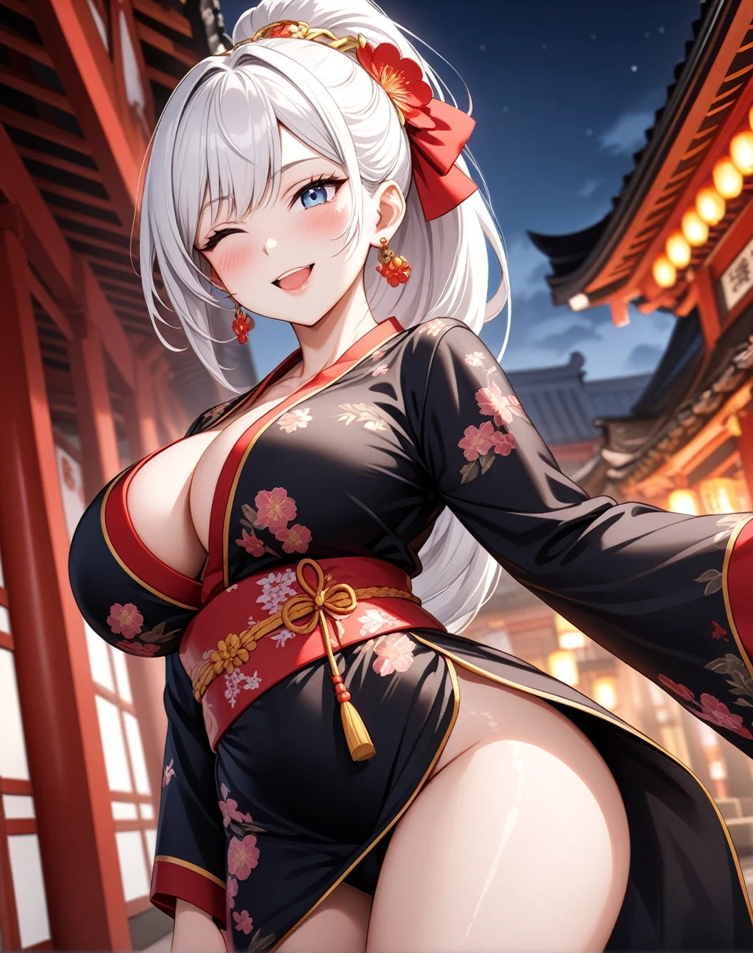 ((one personの女性)), Beautiful Face,Laugh shyly,((Wink:1.7)),Laughing with your mouth open,turn bright red,Glossy pink lips,night,Shrine festival sexpensives,((Anime style background)),masterpiece, highest quality, so beautiful, Latest, Complex details, (Pink long nails),AI-generated, Complex,High resolution, highest quality, super high quality,3D Images、View your viewers、3D Images,one person,Long white hair,High Ponytail,blue eyes,Anime woman posing for a photo, [[fine grain、Colorful eyes、Shining Eyes:1.15]],(Squint your eyes:1.1),a hyperRealistic , hyperRealistic , Realistic,Anime woman with long and white hair, Smooth anime CG art, A woman in a colorful kimono with gold embroidery, (Black kimono),Red floral pattern,Long flower hair ornament,Big earrings,(Big Breasts:1.1),Mature Body,expensive,Big Ass,Fine details,Tight waist,Abdominal muscles,(Face close-up:1.5),Tilt your face,Shooting from an angle,(Turn over the kimono by hand)