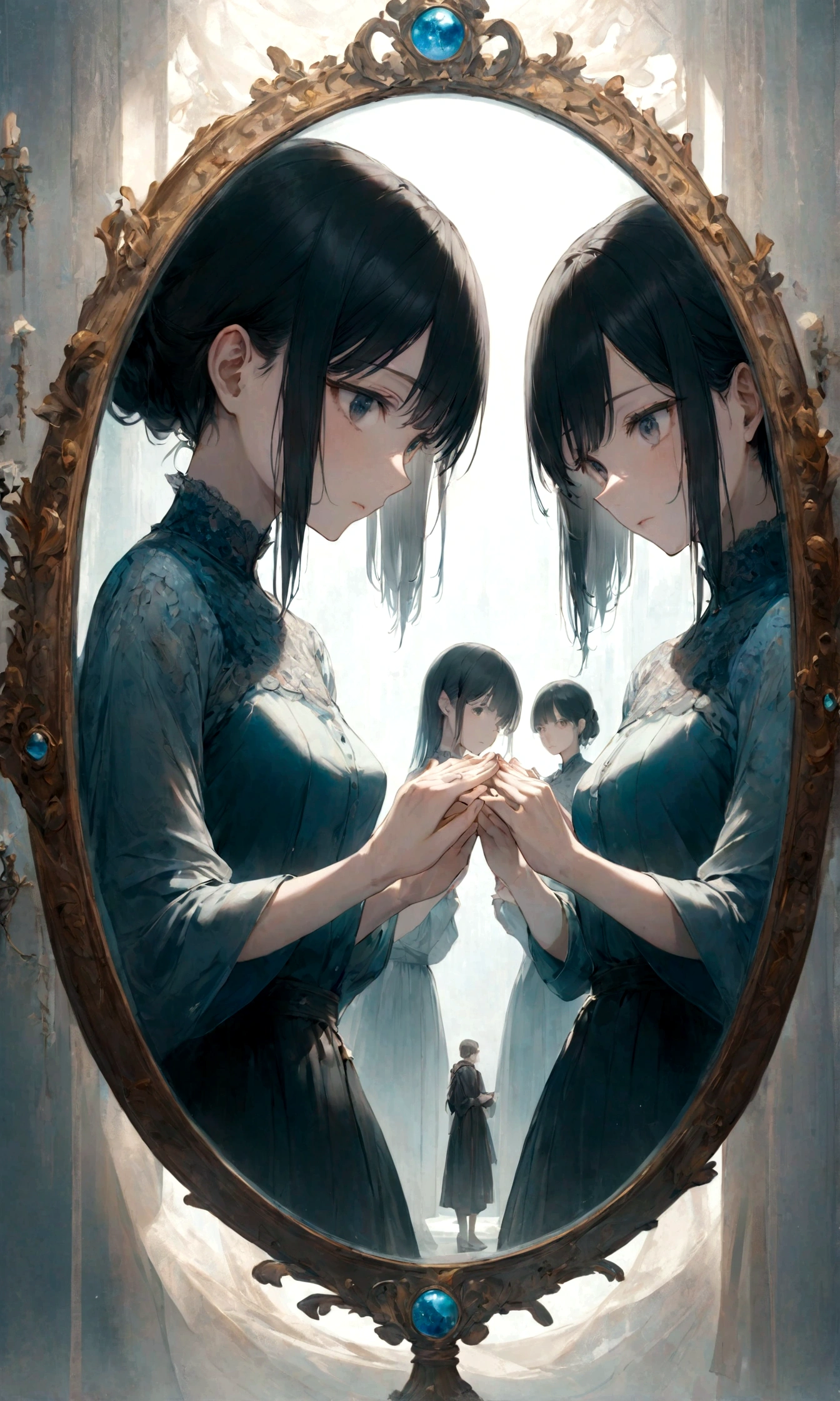 A woman looking at herself from inside a mirror and another woman looking at the mirror from outside、They are looking at each other and holding out their hands、The world through the mirror