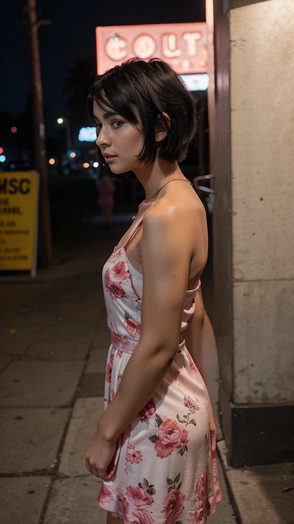 there is a woman with short Black and rad hair standing in front of a club , with short hair, taken with sony alpha 9, blue eyes, full fair skin, small lips, very very Highly quality picture, young with short hair, taken with a canon dslr camera, looking from side, she is about 1 9 years old, girl with long hair, portrait mode photo, front side portrait of a girl, wearing pink floral gown, instagram influencer , modle girl, hote and beautyful,