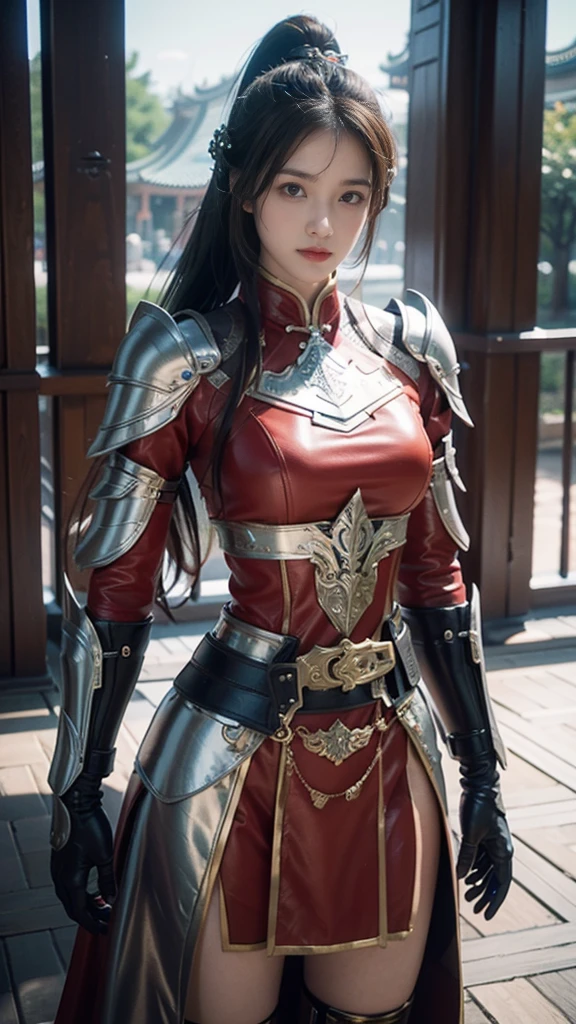 e-up))，Original photo，real photo，（（Field background））digital photography，(Female generals on the battlefield of the Han Dynasty)，18-year-old girl，（long ponytail hairstyle)，cparted lips，Noble and charming，Elegant and serious，(Han dynasty armor，The combination of white metal and red leather，Openwork design，armure，Knight Armor，metallic  luster，Leather buckle，Exquisite pattern，mysterious badge，Cool and gorgeouig breasts))，Chest groove，Three Kingdoms character painting style，Photo pose，oc render reflection texture，Bright colors，
