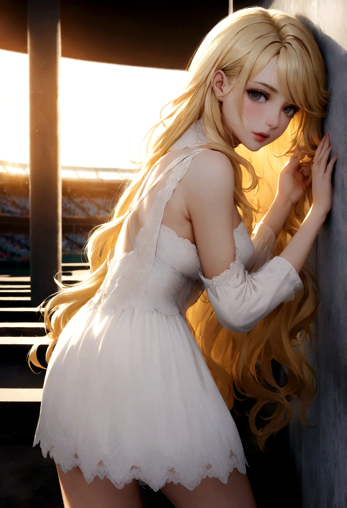 blond woman with long hair leaning against a wall in a white sweater, digital art inspired by Károly Lotz, Tendances sur CG Society, digital art, belle fille blond, belle femme blond, blond, Femme blond, photo d&#39;une belle femme, Beautiful soft lighting, Beautiful soft lighting, en vêtements blancs, Une belle femme en blanc, Dressed in&#39;une chemise blanche , in football stadium
