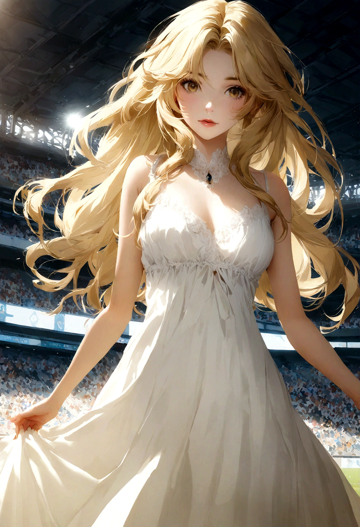 blond woman with long hair leaning against a wall in a white sweater, digital art inspired by Károly Lotz, Tendances sur CG Society, digital art, belle fille blond, belle femme blond, blond, Femme blond, photo d'une belle femme, Beautiful soft lighting, Beautiful soft lighting, en vêtements blancs, Une belle femme en blanc, Dressed in'une chemise blanche , in football stadium