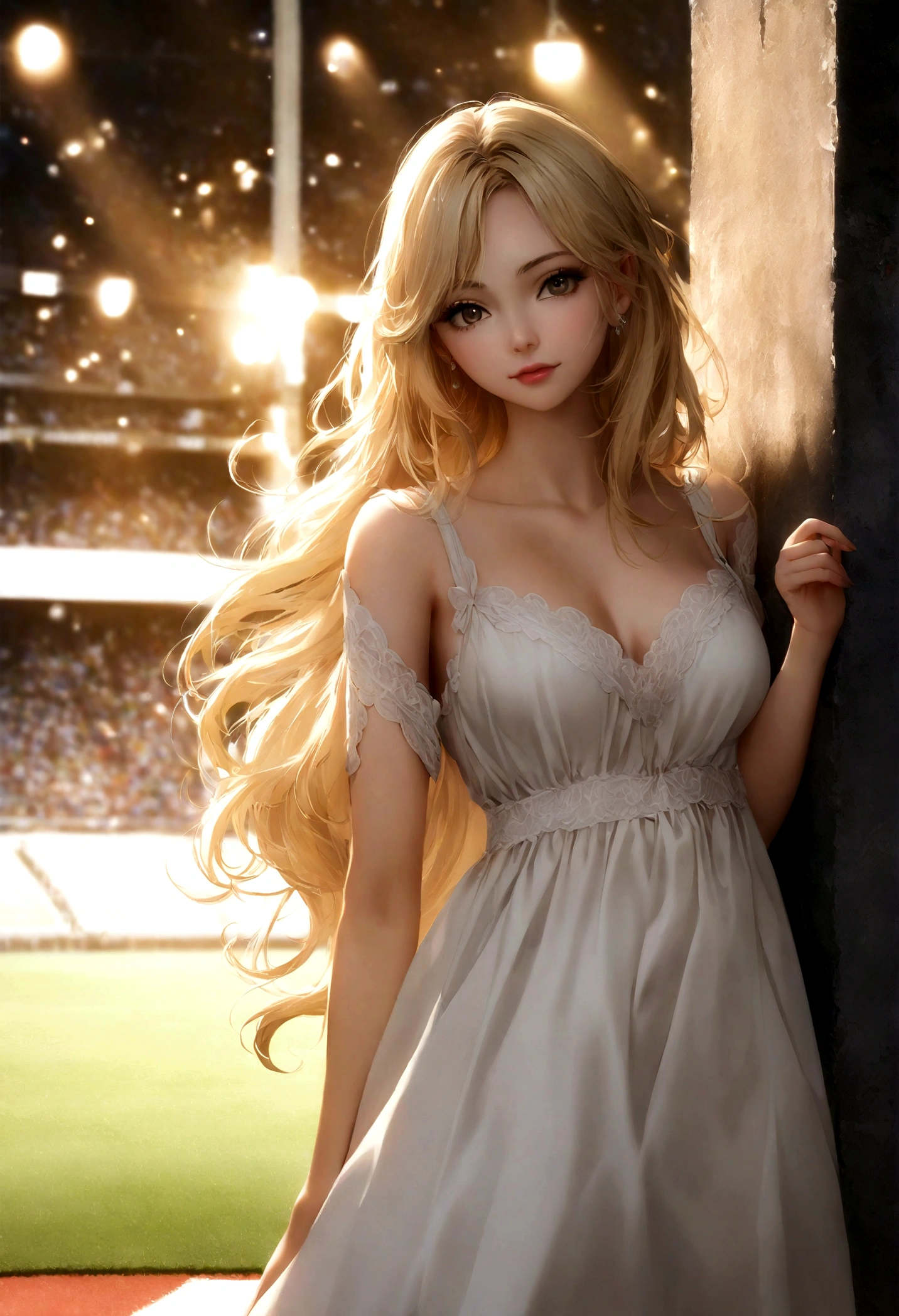 blond woman with long hair leaning against a wall in a white sweater, digital art inspired by Károly Lotz, Tendances sur CG Society, digital art, belle fille blond, belle femme blond, blond, Femme blond, photo d'une belle femme, Beautiful soft lighting, Beautiful soft lighting, en vêtements blancs, Une belle femme en blanc, Dressed in'une chemise blanche , in football stadium