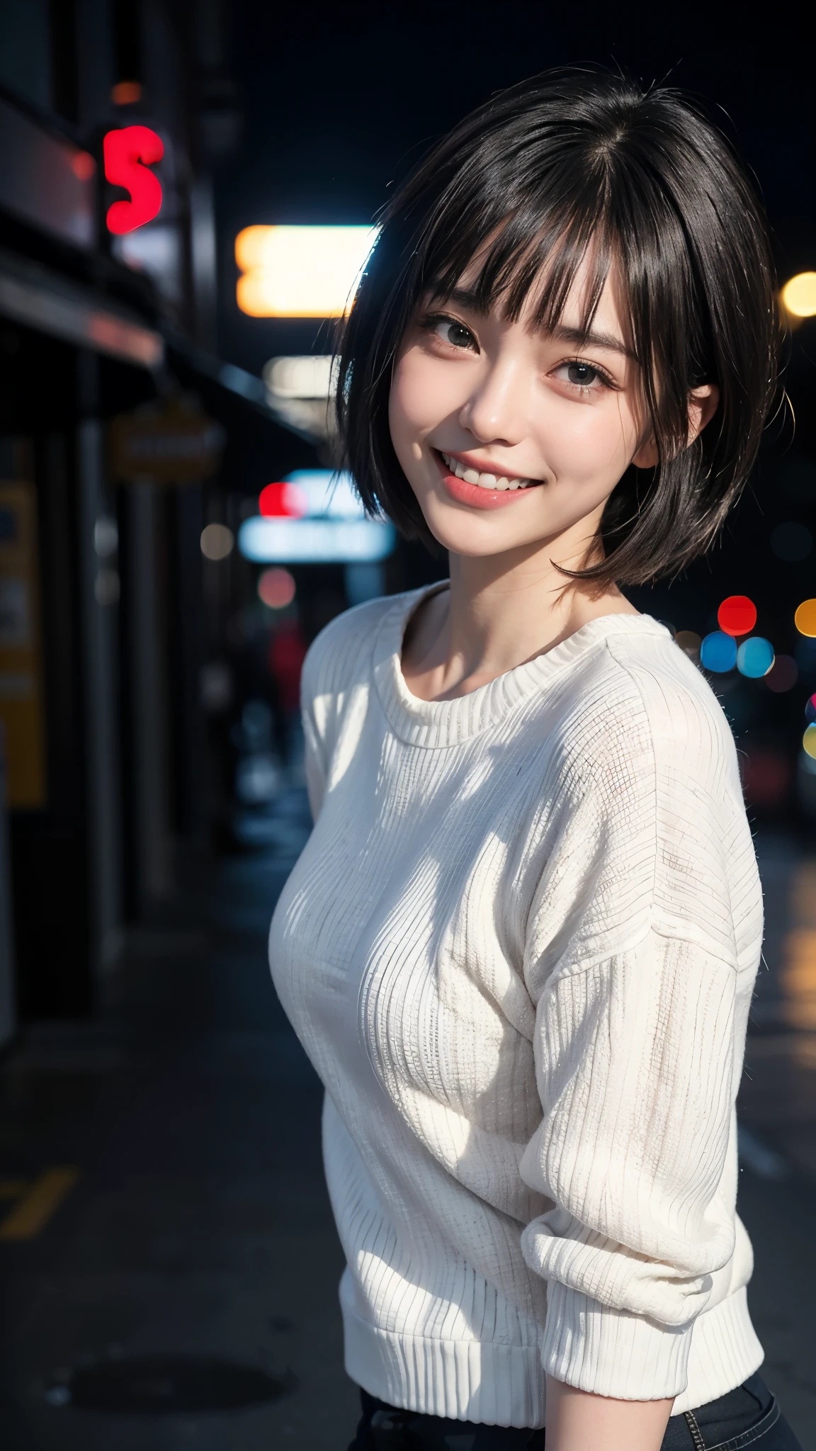 cute 26 year old,1 girl,slim face ,8K,Super realistic image quality,dynamic shadow,sparkling eyes,clear black eyes,movie theater lighting,dark back alley,night,Darkness of the city,suit, ((A smile showing white teeth)),((Open mouth and smile happily)),((short hair)),((very short bangs)),close, 8K, Raw photo, highest quality, masterpiece,realistic, photo-realistic,
Downtown New York、taxi、Sexy white sweater
