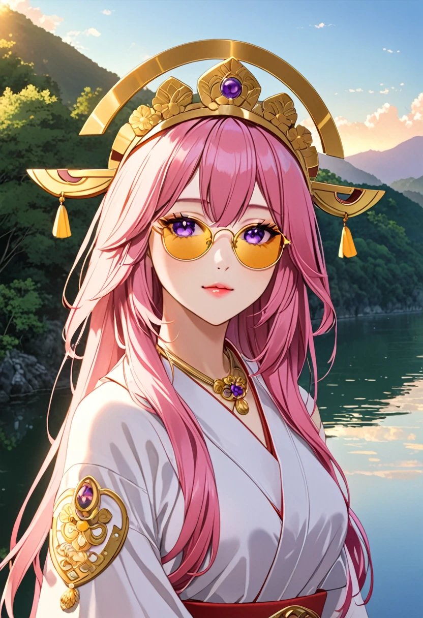 yae miko wearing yellow sunglasses, Pink Hair, Gold headdress, Purple Eyes, Fashion tops, There is a river in the background, Blue sky, Light afternoon sunset