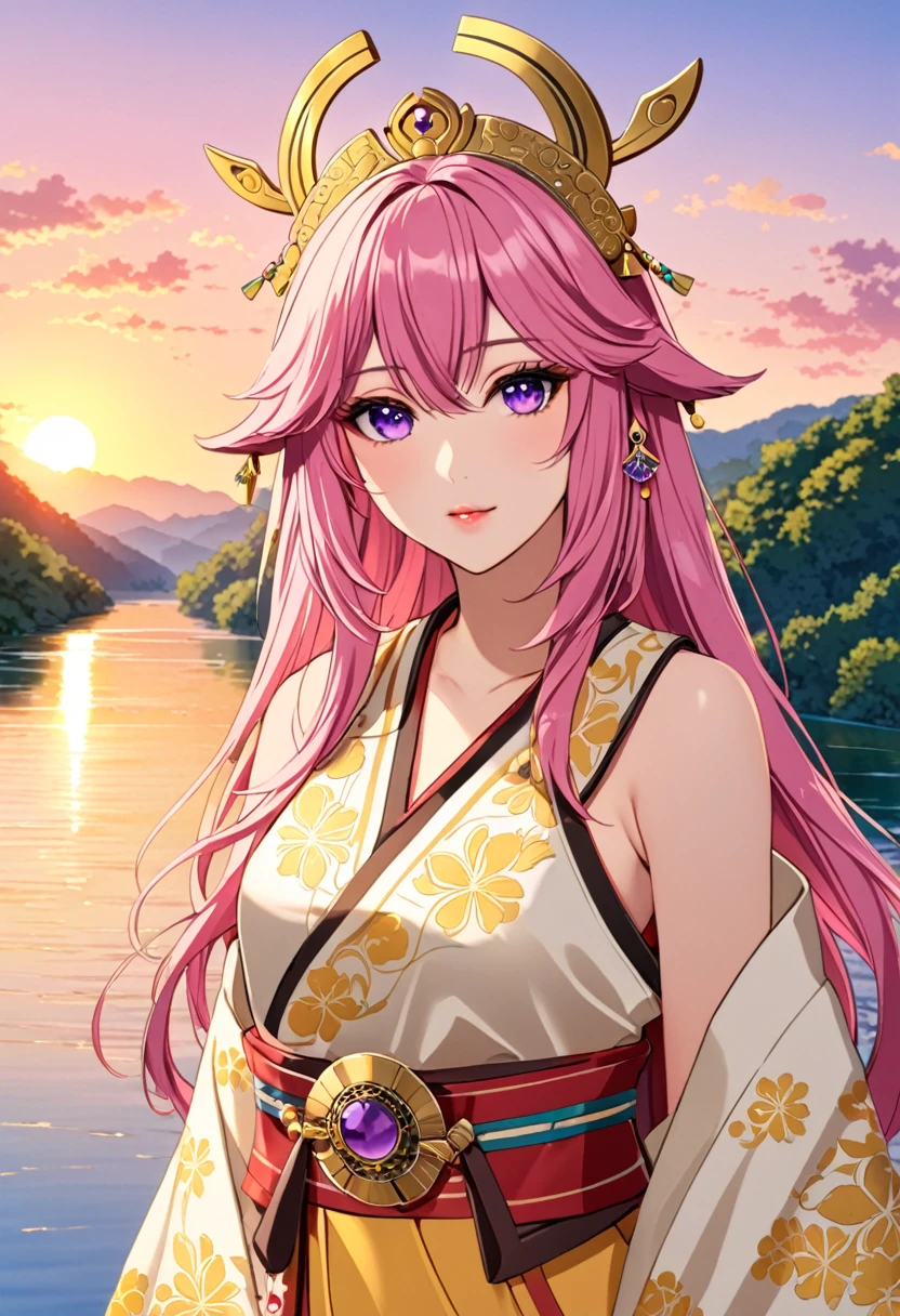 yae miko wearing yellow sunglasses, Pink Hair, Gold headdress, Purple Eyes, Fashion tops, There is a river in the background, Blue sky, Light afternoon sunset