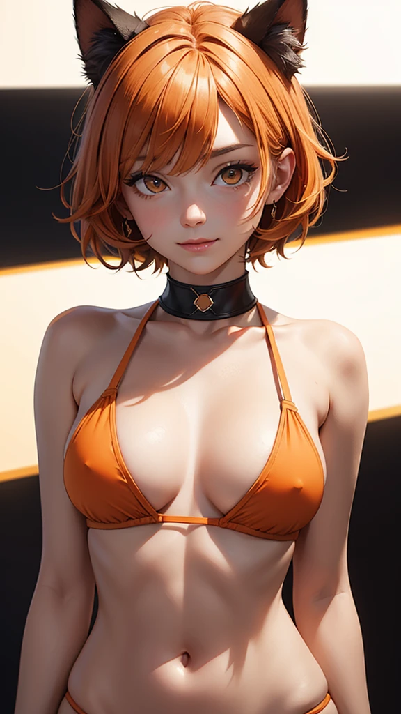 (high resolution, upper body, soft skin:1.2, orange short hair),(best illustration,masterpiece:1.2),ultra-detailed,[(cat ears , orange inside:1.2, orange eyes),vivid colors,sharp focus,portrait,studio lighting,bokeh, wearing a 2 piece zebra bikini, midnight beach background, spotlight in background, arms behind head, smiling 