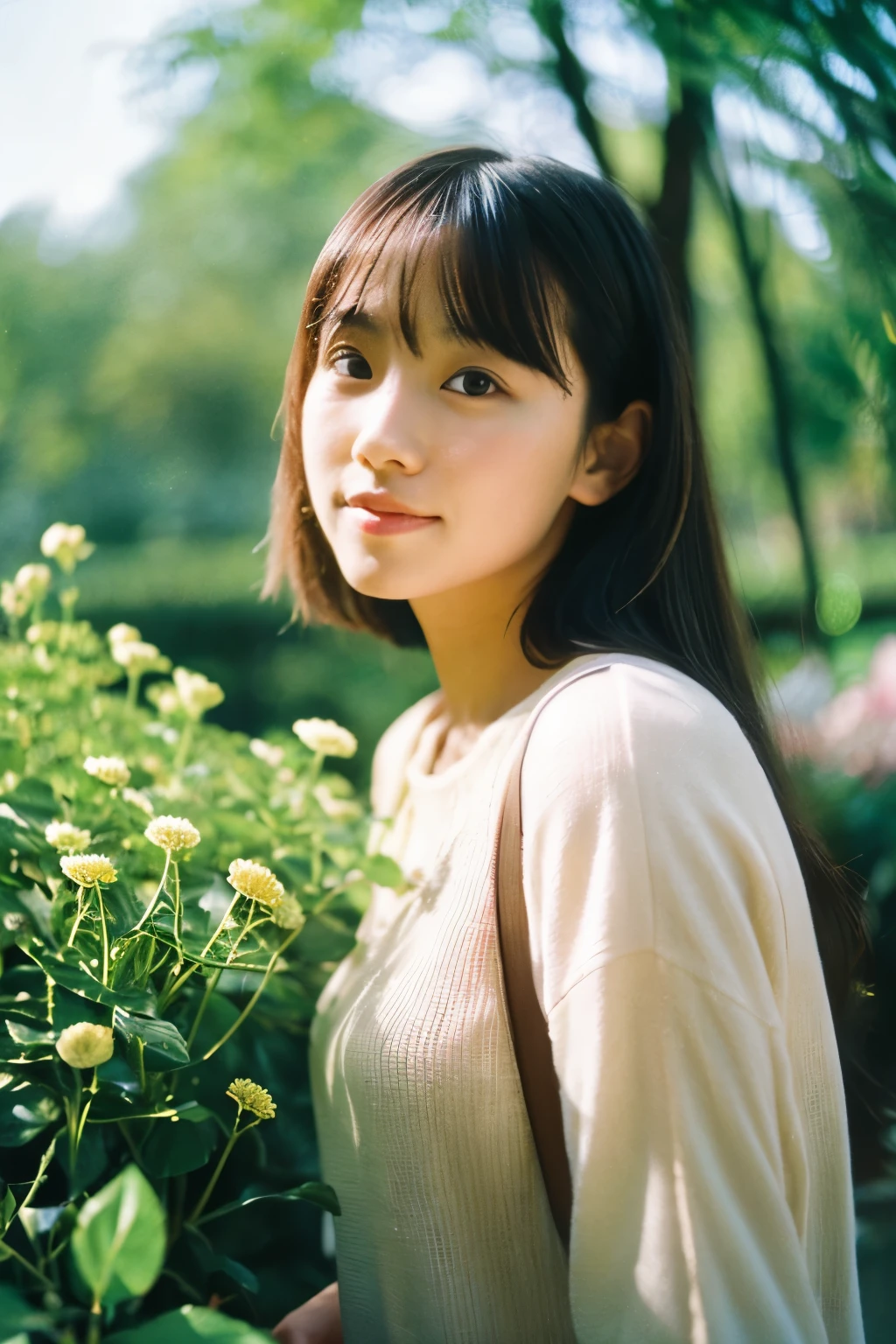 1girl, portrait, outdoor, at the garden, sunny day, film photograph