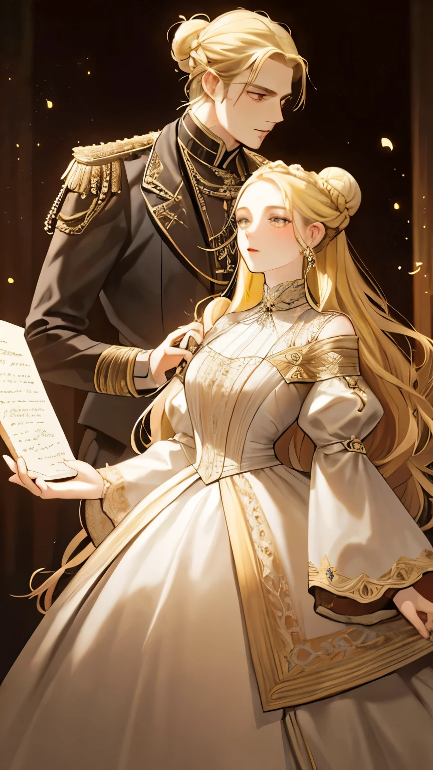 Beautiful aristocratic woman of victorian era, Europe in the 18th century, long blonde hair，Exquisite high bun braid hairstyle, curls, elegant ballroom dress, Standing in the luxurious banquet hall, Delicate and meticulous, 8K, Reality, Dramatic Lighting, high quality, Complex design, classical portrait