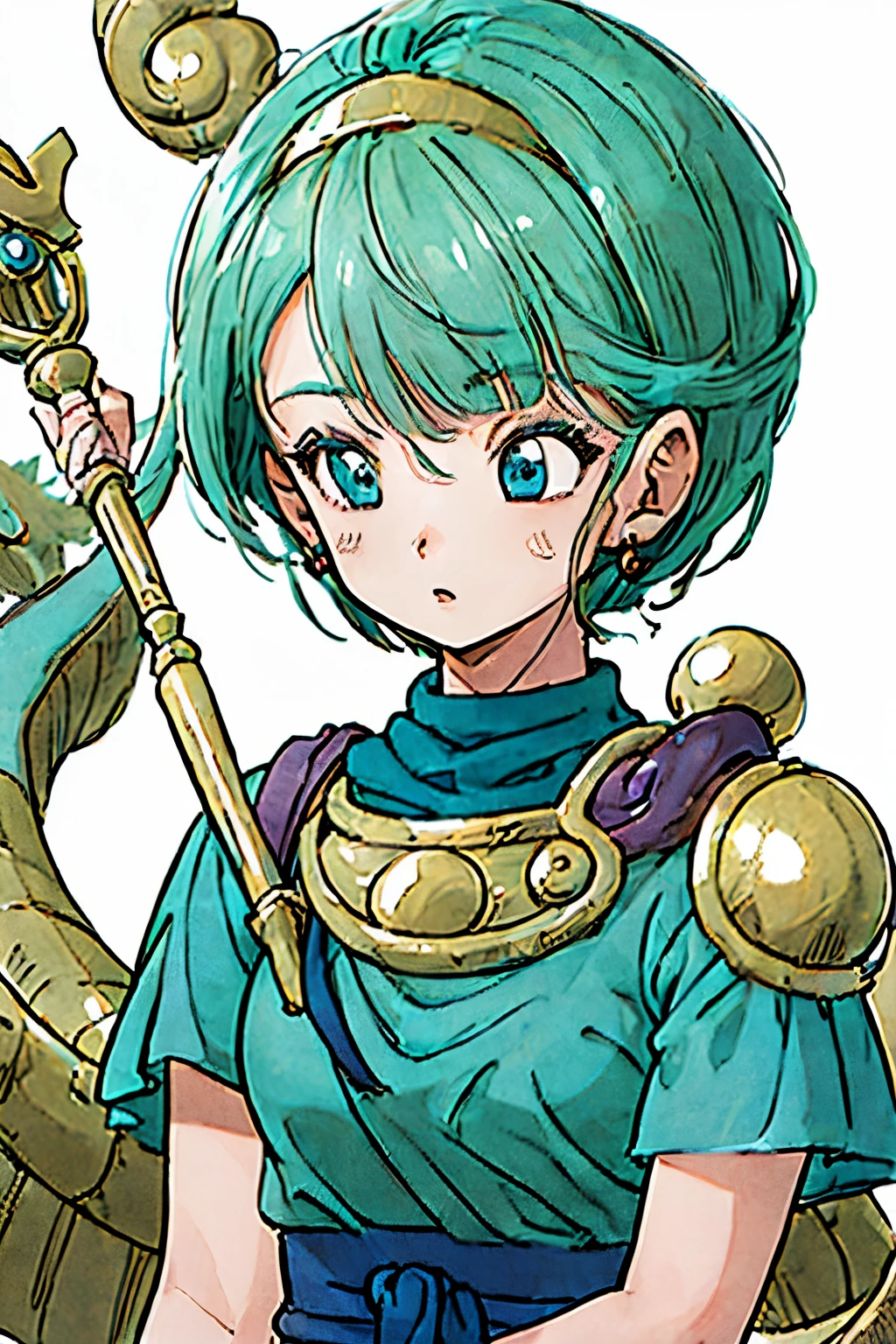 ((One female:1.5)), High quality, ((Gentle expression:1.5)), Short hair, Straight bangs, Light blue eyes, Upper body visible, Dragon Quest Wizard, ((No background:1.5)), Staff