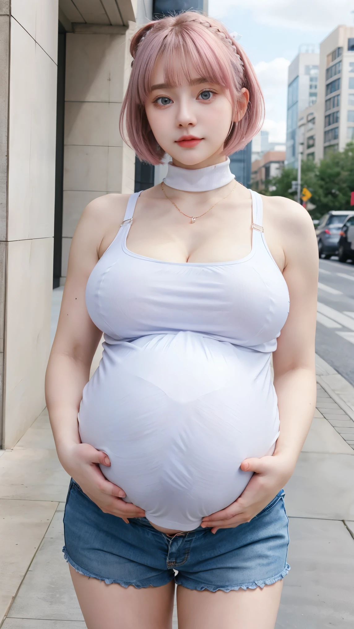 Gorgeus Girl, Beautiful, , 20 Years Old, White Skin, Colossal Breasts, ((huge pregnant)), Side Pose, Cleavage, Outfit Straps, White Sleeveless Crop Turtleneck Top, Mini Shirt, Blue Eye, Muscles, Bokeh, Modern Place Background, Masterpiece, Medium Bob Pink Hair