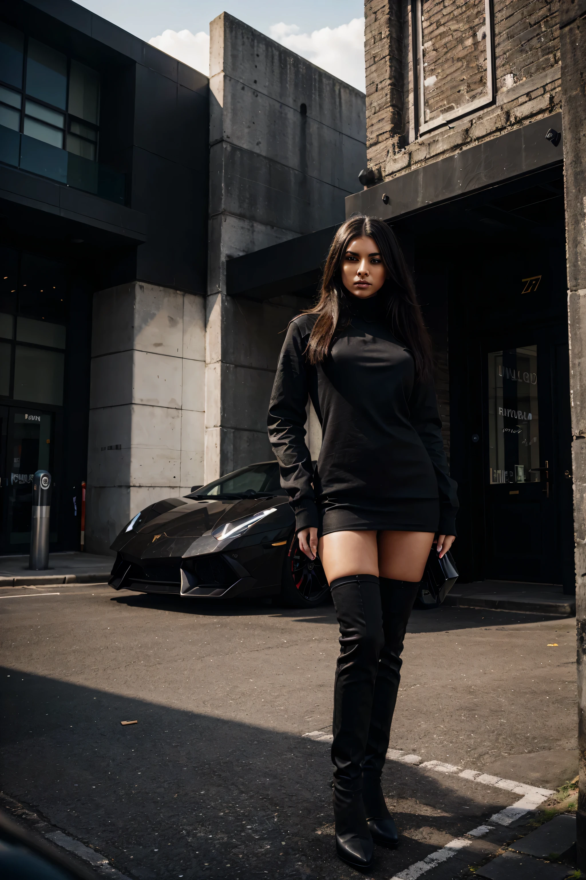 Ultra high resolution sharp eye ,black colour dressed girl standing with black colour Lamborghini, background of United Kingdom Street 