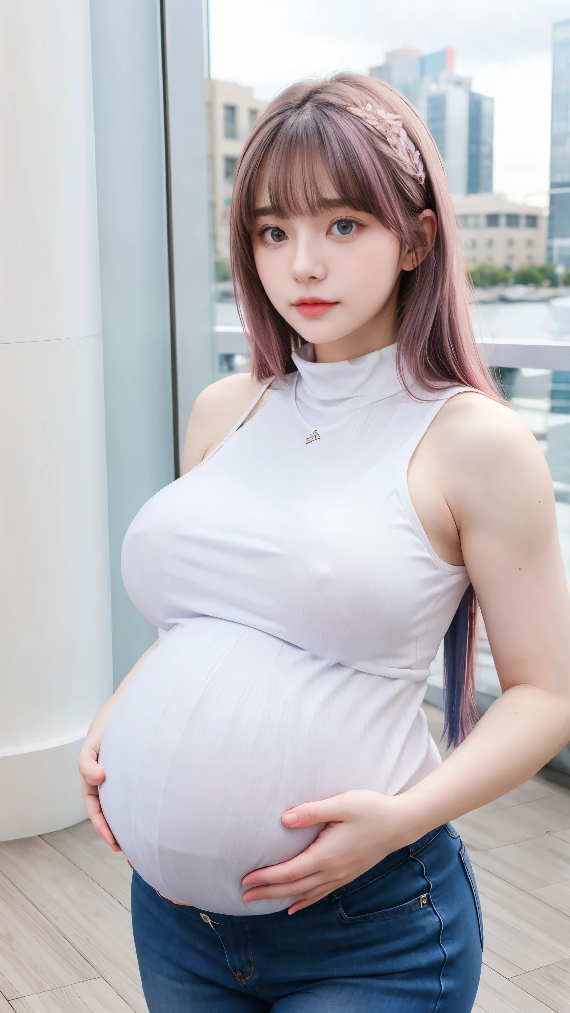 Gorgeus Girl, Beautiful, Baby Face, 20 Years Old, White Skin, Colossal Breasts, ((huge pregnant)), Side Pose, Cleavage, Outfit Straps, White Sleeveless Crop Turtleneck Top, Mini Shirt, Blue Eye, Muscles, Bokeh, Modern Place Background, Masterpiece, Medium Bob Pink Hair