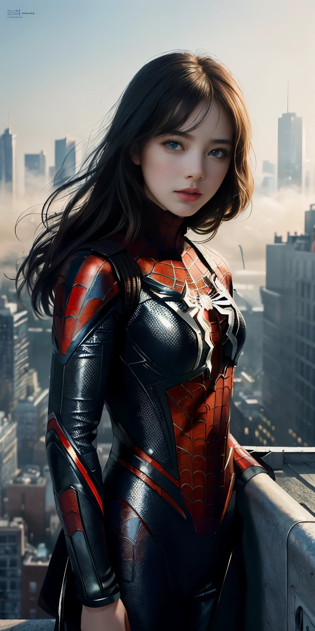 (1girl:1.3), Solo, (((Very detailed face)))), ((Very detailed eyes and face)))), Beautiful detail eyes, Body parts__, Official art, Unified 8k wallpaper, Super detailed, beautiful and beautiful, beautiful, masterpiece, best quality, original, masterpiece, super fine photo, best quality, super high resolution, realistic realism, sunlight, full body portrait, amazing beauty, dynamic pose, delicate face, vibrant eyes, (from the front), She wears Spider-Man suit, red and black color scheme, spider, very detailed city roof background, rooftop, overlooking the city, detailed face, detailed complex busy background, messy, gorgeous, milky white, highly detailed skin, realistic skin details, visible pores, clear focus, volumetric fog, 8k uhd, DSLR, high quality, film grain, fair skin, photo realism, lomography, futuristic dystopian megalopolis, translucent