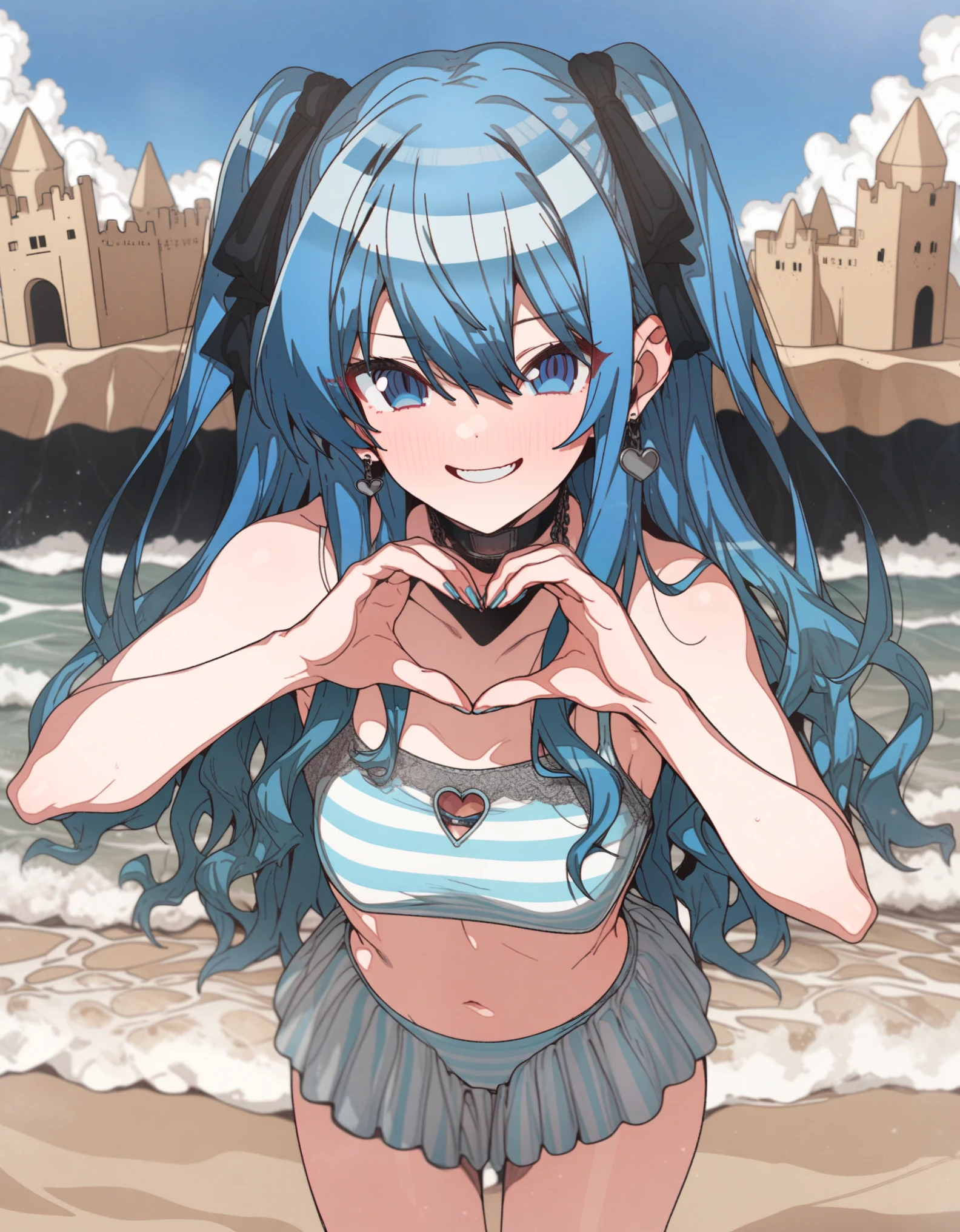 best quality,ultra detailed,extremely detailed and beautiful,perfect anatomy,perfect hands,(outdoor,sea)++, (1GIRL)+++, (HOSHIMACHI SUISEI),blue eyes,blue hair, long hair,topless, micro bikini, (spread butt hands)++,pov,fisheye lens,seductive smile,looking back,wind,standing,(pussy)+, (flat chest:1.3), star hair ornament , choker, (crowd of people)+,cyberpunk,