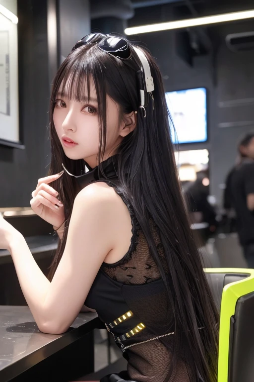 32k,Complex,Very detailed,Digital photography,Digital Cyberpunk Art、Semi-long hair of black color、Working in a cyberpunk cafe、Shiny、Black and white cyberpunk waitress、Japanese women、1 person
