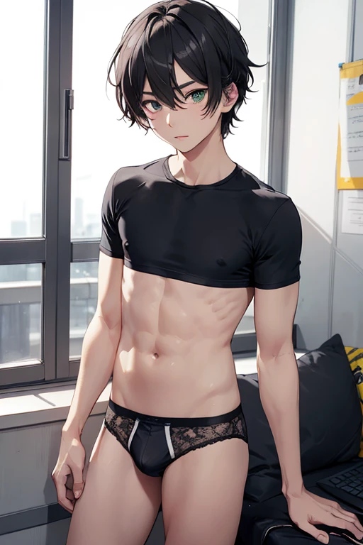 Black-haired boy。The eyes are droopy and green.。Fair-skinned and slender。In underwear。