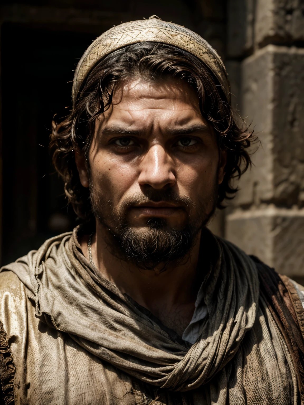 Jan Matejko's style, a portrait of a man, the biblical Barabash, aged 33, a menacing and fierce facial expression, narrowed eyes, his face is very similar to the face of Jesus, curly unkempt short hair and a ruffled short beard, dressed in an old and worn-out costume from the era of the Roman Empire, characteristic of the Semitic and Jewish peoples. On his head is an old, worn and dirty cloth wrap. The whole set against the background of the architecture of old Jerusalem, the face illuminated by sunlight creating an interesting chiaroscuro. The shading is so detailed with photorealistic precision worthy of 4K resolution.
